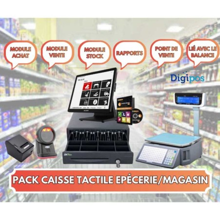 PACK CAISSE TACTILE EPICERIE/MAGASIN AVEC SCANNER CODE BARRES